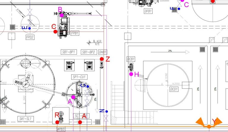 Plano técnico con símbolos y anotaciones para la construcción de un espacio industrial.
