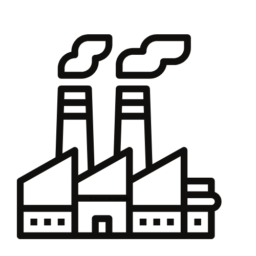 Icono de una fábrica con dos chimeneas y humo saliendo de ellas.